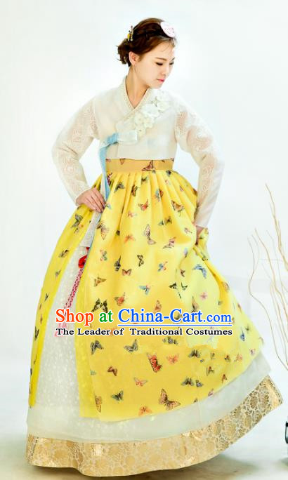 Traditional South Korean Handmade Hanbok Customization Bride Clothing Embroidery Blouse Yellow Dress, Top Grade Korea Wedding Royal Hanbok Costume for Women