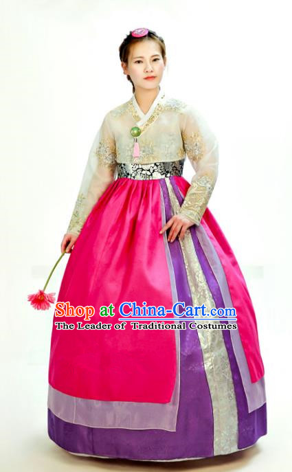 Traditional South Korean Handmade Hanbok Customization Mother Clothing Embroidery Blouse Rosy Dress, Top Grade Korea Wedding Royal Hanbok Costume for Women