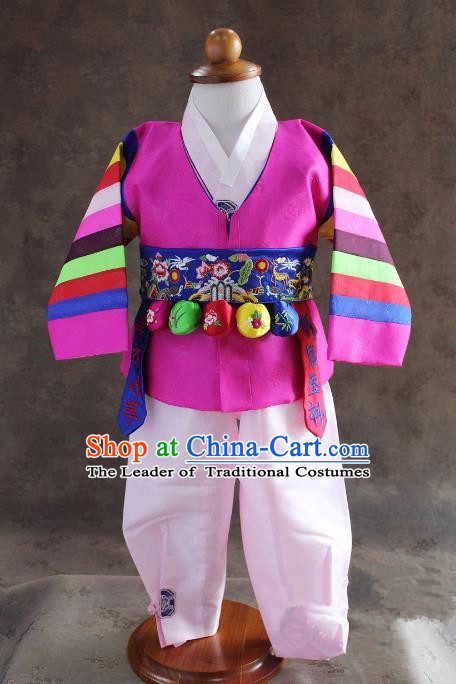 Traditional South Korean Handmade Hanbok Children Baby Birthday Customization Rosy Clothing and Embroidery Belt, Top Grade Korea Hanbok Costume Complete Set for Boys