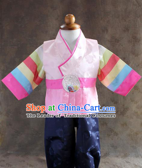 Traditional South Korean Handmade Hanbok Children Little Boys Birthday Customization Pink Clothing, Top Grade Korea Hanbok Costume Complete Set for Kids