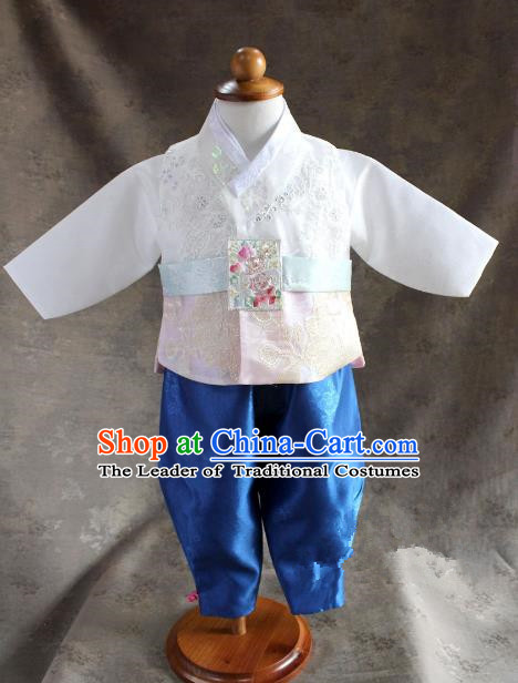Traditional South Korean Handmade Hanbok Children Little Boys Birthday Customization Embroidery White Vest Shirt and Pants, Top Grade Korea Hanbok Costume Complete Set for Kids