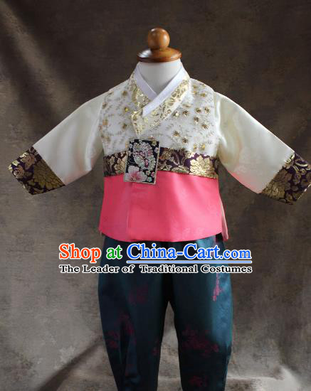Traditional South Korean Handmade Hanbok Children Little Boys Birthday Customization Embroidery Vest Shirt and Pants, Top Grade Korea Hanbok Costume Complete Set for Kids