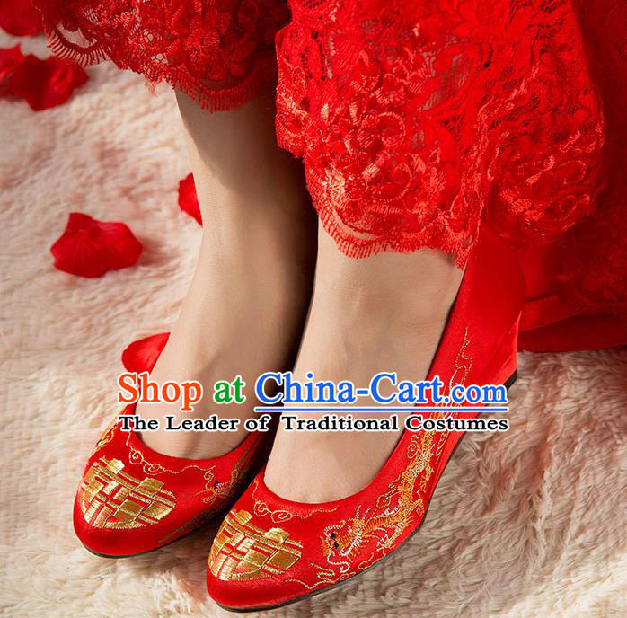 Traditional Ancient Chinese Wedding Embroidery Shoes, Chinese Style Wedding Red Dragon and Phoenix Bride Shoes for Women