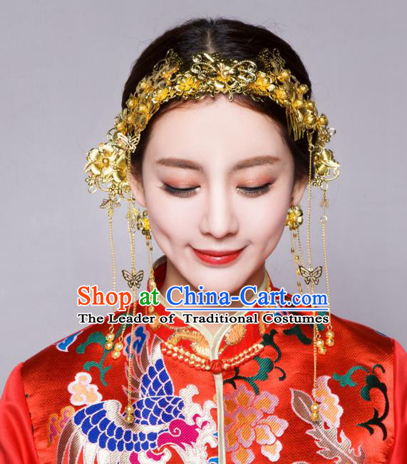 Traditional Handmade Chinese Ancient Classical Hair Accessories Bride Wedding Tassel Golden Hair Clasp, Xiuhe Suit Hair Jewellery Hair Fascinators Hairpins for Women