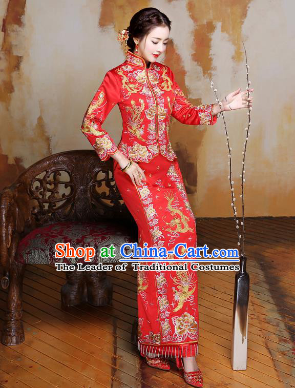 Traditional Ancient Chinese Wedding Costume Handmade XiuHe Suits Embroidery Phoenix Peony Longfeng Gown Bride Toast Slim Cheongsam Dress, Chinese Style Hanfu Wedding Clothing for Women