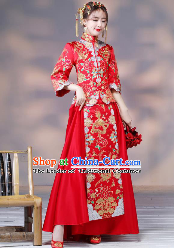 Traditional Ancient Chinese Wedding Costume Handmade XiuHe Suits Embroidery Dragon and Phoenix Bride Toast Cheongsam Dress, Chinese Style Hanfu Wedding Clothing for Women