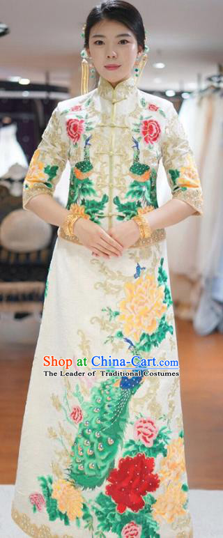 Traditional Ancient Chinese Wedding Costume Handmade XiuHe Suits Embroidery Peacock Dress Bride Toast Cheongsam, Chinese Style Hanfu Wedding Clothing for Women