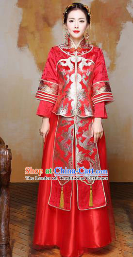 Traditional Ancient Chinese Wedding Costume Handmade Delicacy Embroidery Phoenix Dress Xiuhe Suits, Chinese Style Wedding Flown Bride Toast Cheongsam for Women