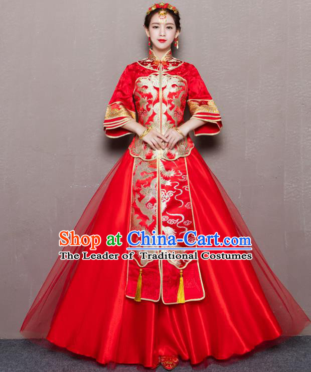 Traditional Ancient Chinese Wedding Costume Handmade Delicacy Embroidery Red Veil Dress Xiuhe Suits, Chinese Style Wedding Flown Bride Toast Cheongsam for Women