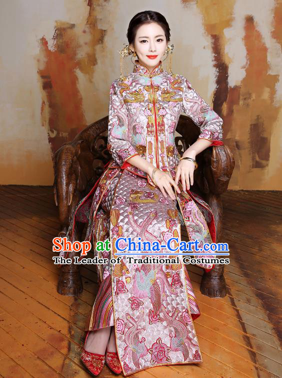 Traditional Ancient Chinese Wedding Costume Handmade Delicacy Embroidery Longfeng Flown Dress Xiuhe Suits, Chinese Style Wedding Flown Bride Toast Cheongsam for Women