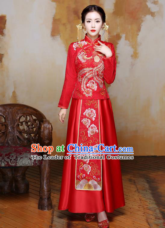 Traditional Ancient Chinese Wedding Costume Handmade Delicacy Embroidery Phoenix XiuHe Suits Slim Red Dress, Chinese Style Hanfu Wedding Bride Toast Cheongsam for Women