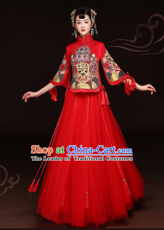 Traditional Ancient Chinese Wedding Costume Handmade Delicacy Embroidery Phoenix Peony Red Veil XiuHe Suits, Chinese Style Hanfu Wedding Bride Toast Cheongsam for Women