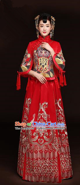 Traditional Ancient Chinese Wedding Costume Handmade Delicacy Full Embroidery Phoenix Peony Red XiuHe Suits, Chinese Style Hanfu Wedding Bride Toast Cheongsam for Women