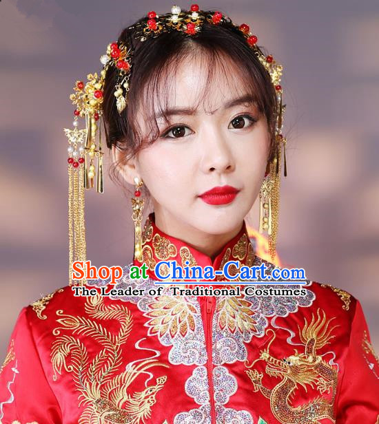 Traditional Handmade Chinese Ancient Classical Hair Accessories Bride Wedding Tassel Barrettes Hair Comb, Xiuhe Suit Hair Jewellery Hair Fascinators Hairpins for Women