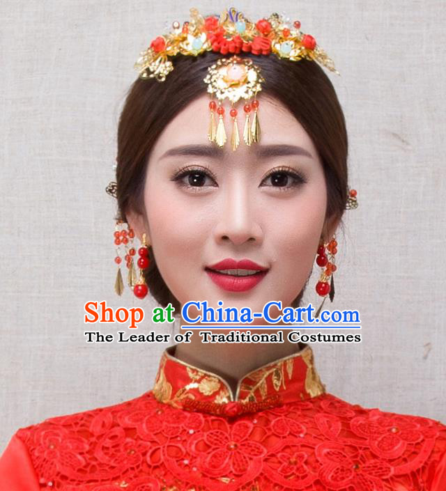 Traditional Handmade Chinese Ancient Classical Hair Accessories Complete Set Bride Wedding Barrettes and Earrings, Xiuhe Suit Hair Jewellery Hair Fascinators Hairpins for Women