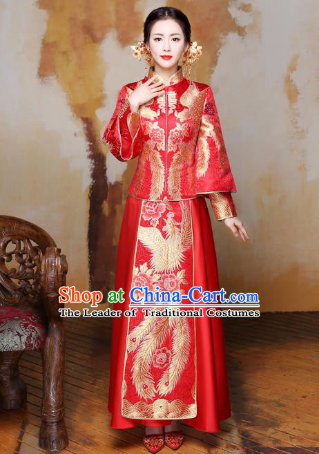 Traditional Ancient Chinese Wedding Costume Handmade Delicacy XiuHe Suits Embroidery Bottom Drawer, Chinese Style Hanfu Wedding Bride Toast Cheongsam for Women