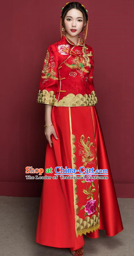 Traditional Ancient Chinese Wedding Costume Handmade Delicacy XiuHe Suits Embroidery Peony Seven Sleeve Cheongsam Palace Bottom Drawer, Chinese Style Hanfu Wedding Bride Hanfu Clothing for Women