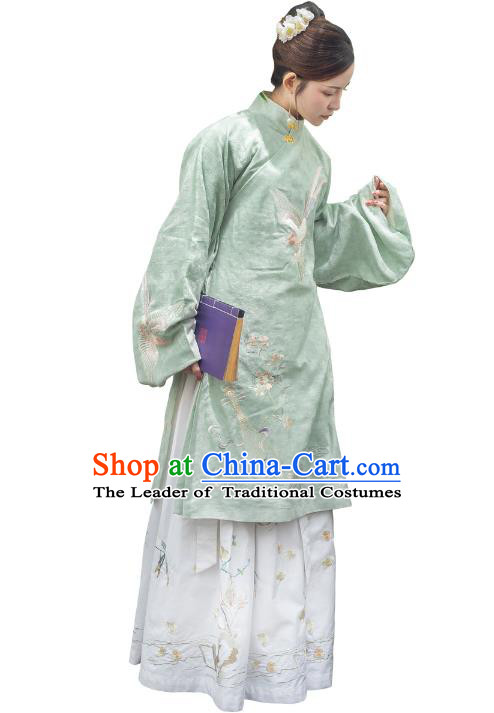 Traditional Ancient Chinese Ming Dynasty Imperial Princess Costume Embroidery Long Robe, Elegant Hanfu Clothing Chinese Palace Lady Green Dress for Women