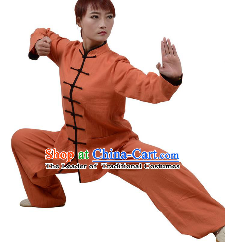 Top Kung Fu Linen Costume Martial Arts Costume Kung Fu Training Clothing, Tai Ji Plated Buttons Orange Uniform Gongfu Wushu Clothing for Women for Men