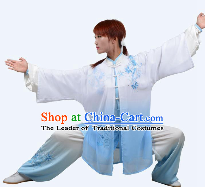 Top Grade Martial Arts Costume Kung Fu Training Clothing, Tai Ji Embroidery Blue Uniform Gongfu Wushu Costume  for Women for Men