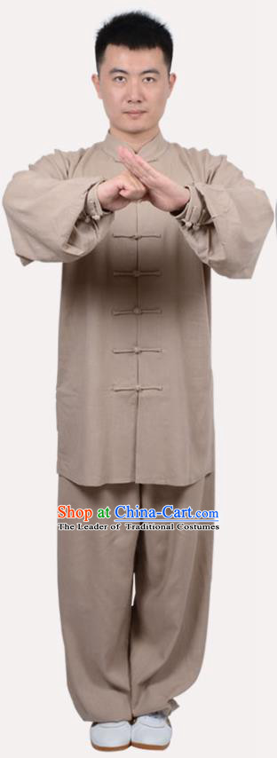 Top Grade Linen Martial Arts Costume Kung Fu Training Clothing, Tai Ji Embroidery Brown Uniform Gongfu Wushu Costume  for Women for Men