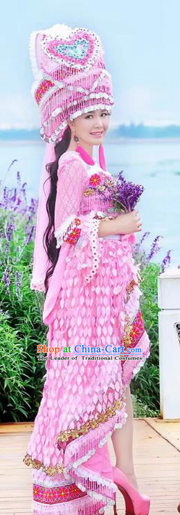 Traditional Chinese Miao Nationality Costume and Headwear, Hmong Folk Dance Ethnic Long Tailing Pink Dress, Chinese Minority Nationality Embroidery Clothing for Women