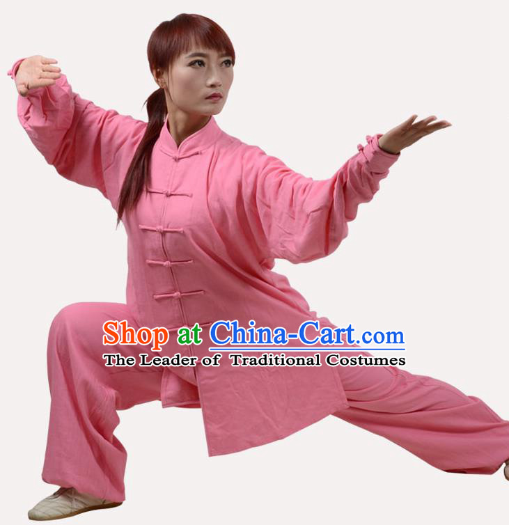 Top Grade Linen Martial Arts Costume Kung Fu Training Clothing, Tai Ji Embroidery Pink Uniform Gongfu Wushu Costume for Women for Men