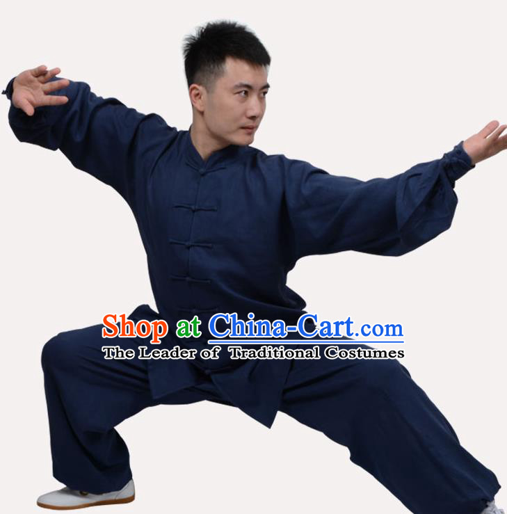 Top Grade Linen Martial Arts Costume Kung Fu Training Clothing, Tai Ji Navy Uniform Gongfu Wushu Costume for Women for Men