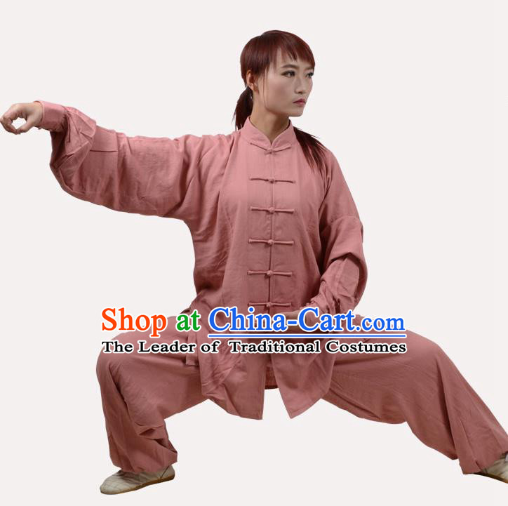 Top Grade Linen Martial Arts Costume Kung Fu Training Clothing, Tai Ji Light Pink Uniform Gongfu Wushu Costume for Women for Men