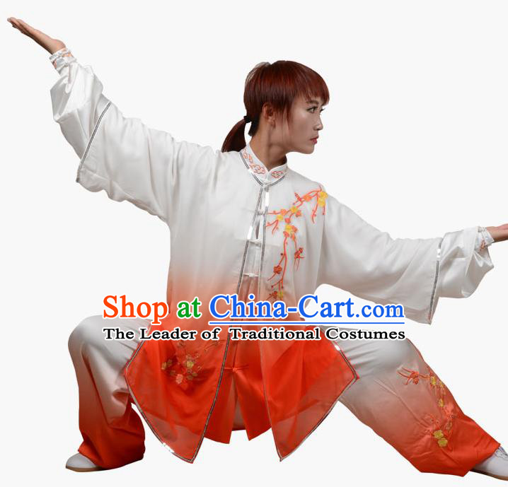 Top Grade Linen Martial Arts Costume Kung Fu Training Embroidered Plum Blossom Clothing, Tai Ji Southern Fist Orange Three-piece Uniform Gongfu Wushu Costume for Women for Men