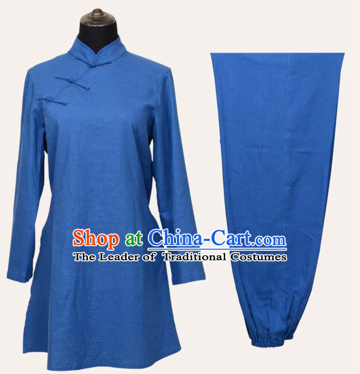Top Grade Linen Martial Arts Costume Kung Fu Training Slant Opening Plated Buttons Clothing, Tai Ji Blue Uniform Gongfu Wushu Costume for Women for Men