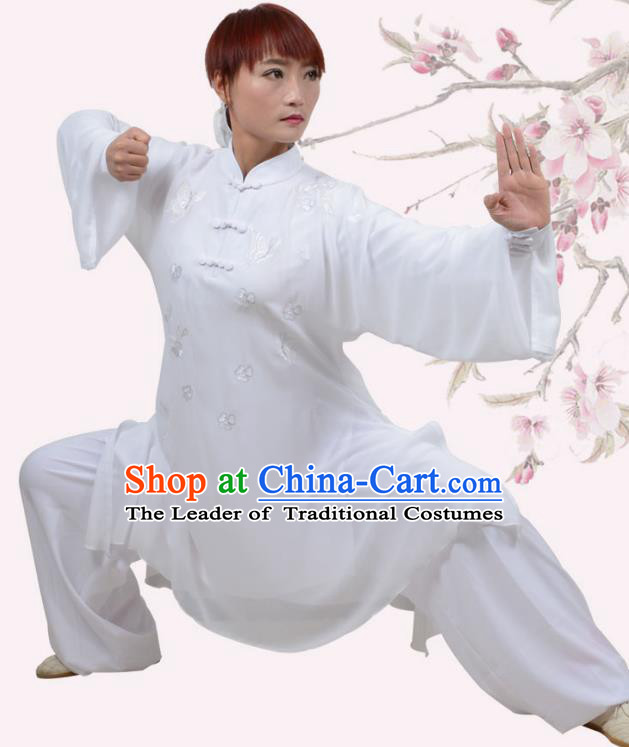 Top Grade Martial Arts Costume Kung Fu Training Embroidery Plated Buttons White Clothing, Tai Ji Uniform Gongfu Wushu Costume for Women for Men