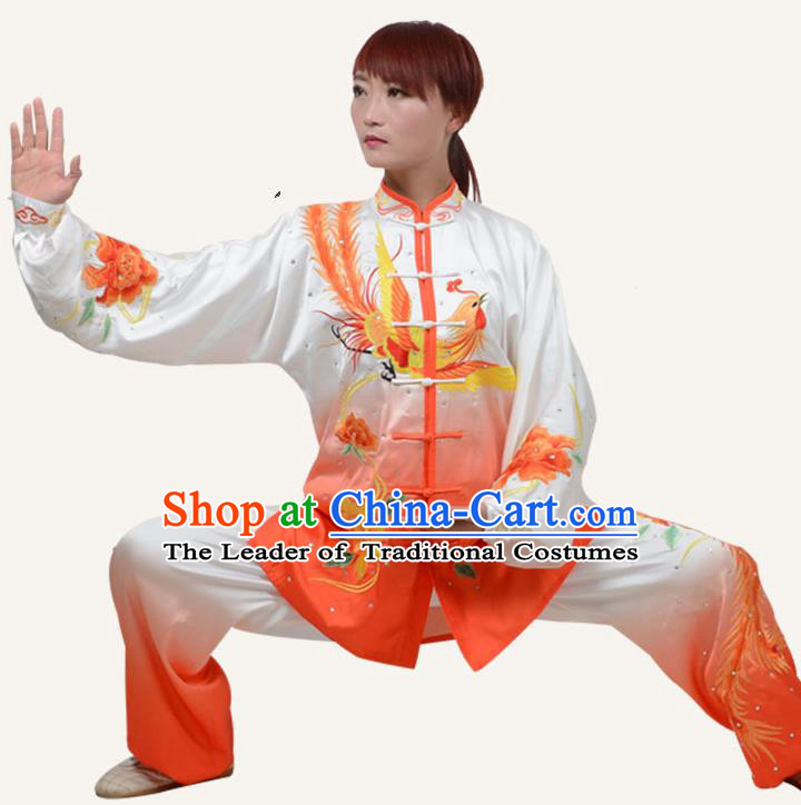 Top Grade Martial Arts Costume Kung Fu Training Embroidery Phoenix Plated Buttons Clothing, Tai Ji Uniform Gongfu Wushu Costume for Women