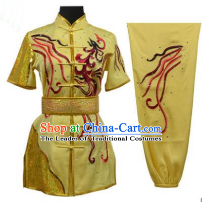 Top Grade Martial Arts Costume Kung Fu Training Embroidery Yellow Clothing, Long Fist Tai Ji Uniform Gongfu Wushu Costume for Women for Men