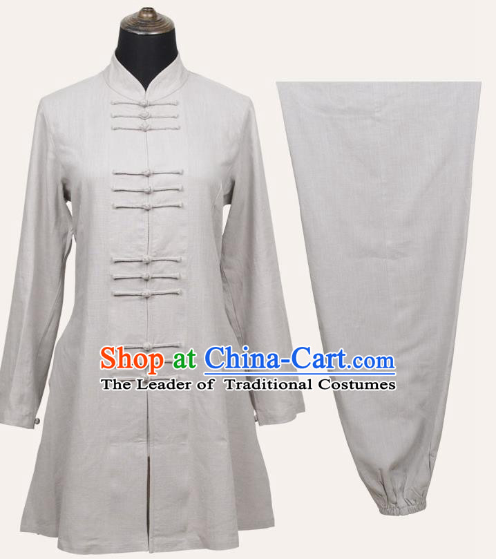 Top Grade Linen Martial Arts Costume Kung Fu Training Front Opening Plated Buttons Clothing, Tai Ji White Uniform Gongfu Wushu Costume for Women for Men