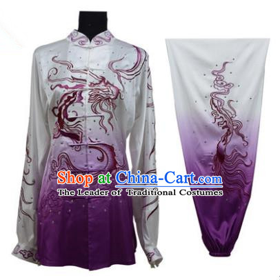Top Grade Martial Arts Costume Kung Fu Training Gradient Deep Purple Clothing, Tai Ji Embroidery Dragon Long Fist Uniform Gongfu Wushu Costume for Women for Men