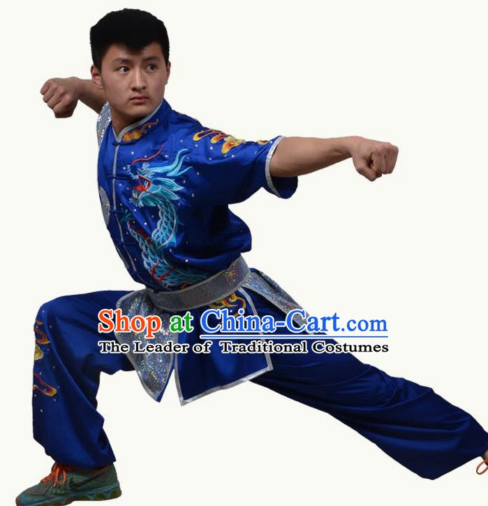 Top Grade Martial Arts Costume Kung Fu Training Short Sleeve Blue Clothing, Tai Ji Embroidery Long Fist Uniform Gongfu Wushu Costume for Women for Men