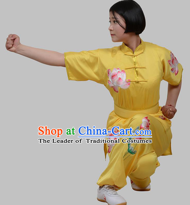 Top Grade China Martial Arts Costume Kung Fu Training Embroidery Lotus Clothing, Chinese Embroidery Tai Ji Yellow Uniform Gongfu Wushu Costume for Women