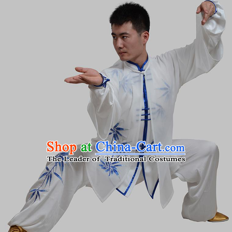 Top Grade China Martial Arts Costume Kung Fu Training Embroidery Bamboo Clothing, Chinese Embroidery Tai Ji White Uniform Gongfu Wushu Costume for Men