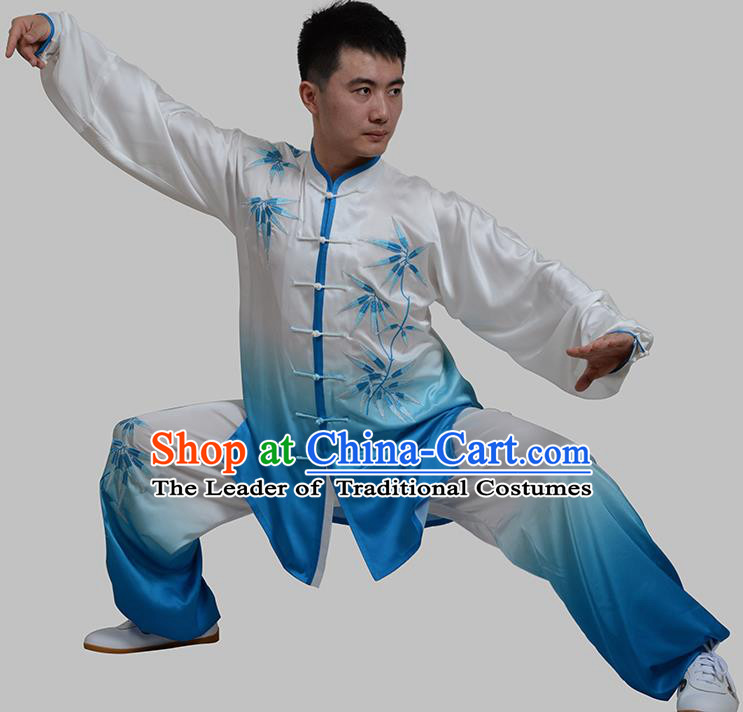Top Grade China Martial Arts Costume Kung Fu Training Embroidery Bamboo Clothing, Chinese Tai Ji Blue Uniform Gongfu Wushu Costume for Men