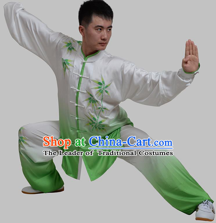Top Grade China Martial Arts Costume Kung Fu Training Embroidery Bamboo Clothing, Chinese Tai Ji Green Uniform Gongfu Wushu Costume for Men