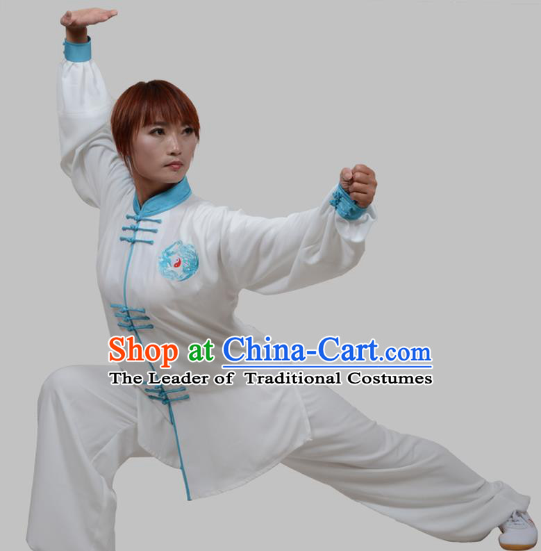 Top Grade China Martial Arts Costume Kung Fu Training Blue Plated Buttons Clothing, Chinese Embroidery Tai Ji White Uniform Gongfu Wushu Costume for Women for Men