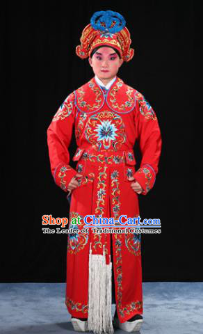 Traditional China Beijing Opera Takefu General Red Costume and Boots, Ancient Chinese Peking Opera Wu-Sheng Warrior Embroidery Yellow Clothing