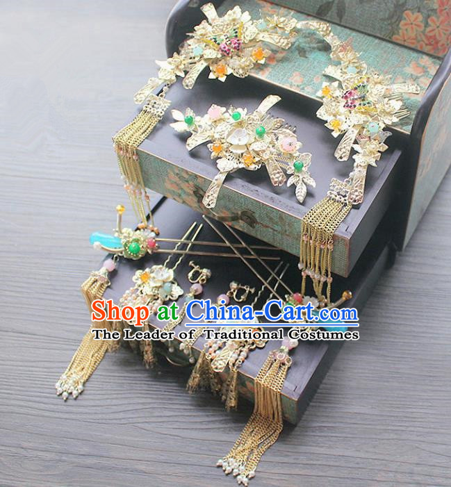 Traditional Handmade Chinese Ancient Classical Hair Accessories Barrettes Xiuhe Suit Phoenix Coronet Complete Set, Long Tassel Step Shake, Hanfu Hairpins Hair Fascinators for Women
