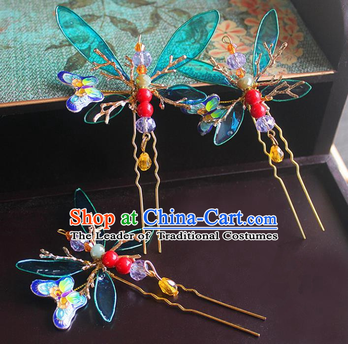Traditional Handmade Chinese Ancient Classical Hair Accessories Barrettes Xiuhe Suit Blue Butterfly Hairpin, Hanfu Hair Fascinators for Women