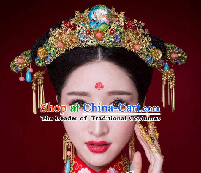 Traditional Handmade Chinese Ancient Classical Hair Accessories Barrettes Xiuhe Suit Cloisonne Phoenix Coronet Complete Set, Hanfu Hairpins Hair Fascinators for Women