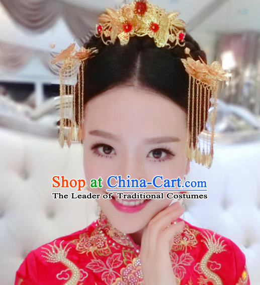 Traditional Handmade Chinese Ancient Classical Hair Accessories Barrettes Xiuhe Suit Hair Comb Complete Set, Hanfu Hairpins Hair Fascinators for Women