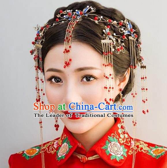 Traditional Handmade Chinese Ancient Classical Hair Accessories Barrettes Xiuhe Suit Cheongsam Blueing Tassel Hair Clasp Complete Set, Hanfu Hairpins Hair Fascinators for Women