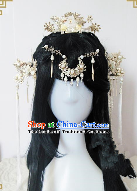 Traditional Handmade Chinese Ancient Classical Princess Hair Accessories Complete Set Tassel Forehead Ornament, Wedding Hairpins Hair Jewellery Hair Fascinators for Women