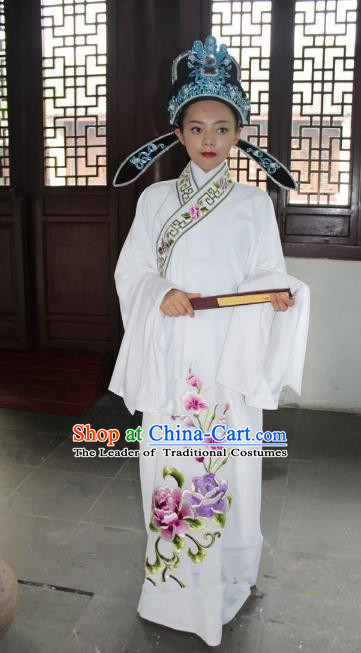 Top Grade Professional Beijing Opera Niche Costume Lang Scholar White Embroidered Robe and Hat, Traditional Ancient Chinese Peking Opera Embroidery Clothing